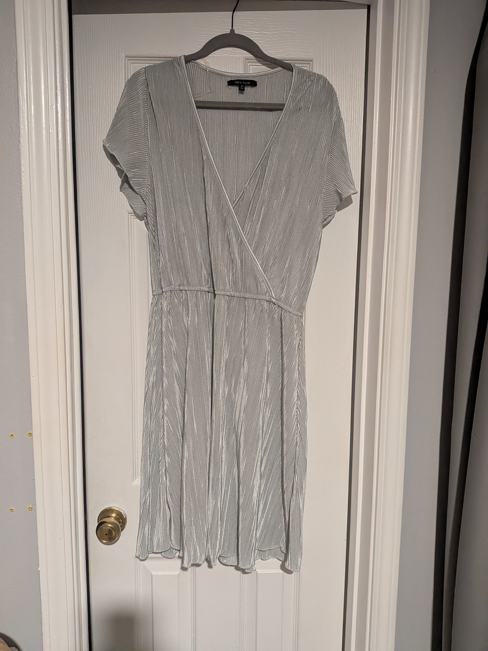 Pleated V-Neck Short Sleeve Dress - Silver